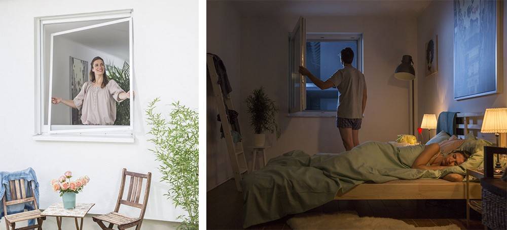 2 Bilder nebeneinander. Links steht eine Frau innen am Fenster und hängt einen Fliegengitter Spannrahmen ein. Rechts öffnet ein Mann ein Fenster von innen um nachts zu lüften.